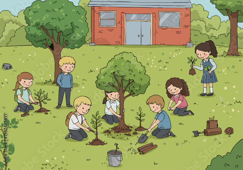 Children plant trees around a school building, promoting a green future. Bright, cheerful illustration with a focus on environmental action and community involvement.