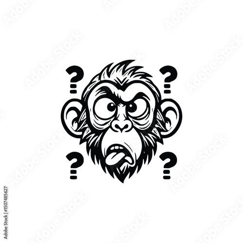 Vector art of Cartoon monkey head with question marks isolated on white background, funny expression