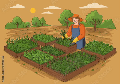 farmer harvests thyme in raised garden beds under a sunny sky A vibrant healthy garden scene evokes a sense of rural abundance and fresh produce Ideal for lifestyle and agricultural themes