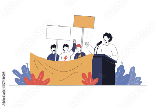 depicts a speaker advocating for child rights surrounded by supporters Bold graphics and a clear composition convey a powerful message against child labour Modern colorful and impactful