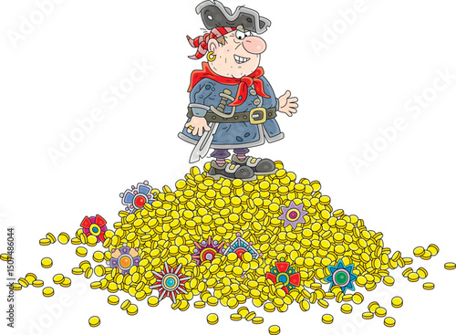 Funny sea pirate enjoying his large pile of treasures with gold coins and jewelry from boarded ships, vector cartoon illustration on a white background