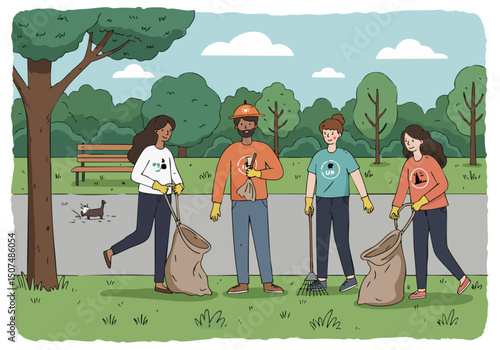 Volunteers clean park together promoting community and environmental responsibility A diverse group works collaboratively collecting litter and enjoying a sunny day Bright cheerful illustration