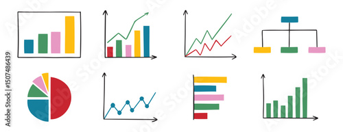 charts and graphs doodle hand drawn icon set. Different types of charts for business presentation. data and analytics diagram cartoon concept drawing