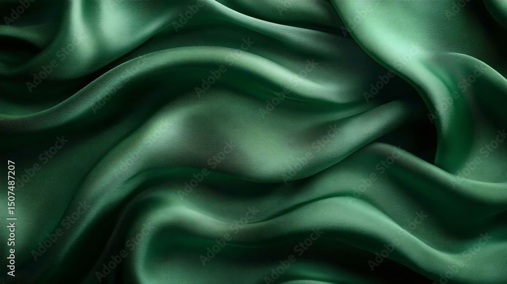 Fototapeta premium Luxurious green silk fabric with smooth, flowing textures, ideal for backgrounds and elegant design projects.