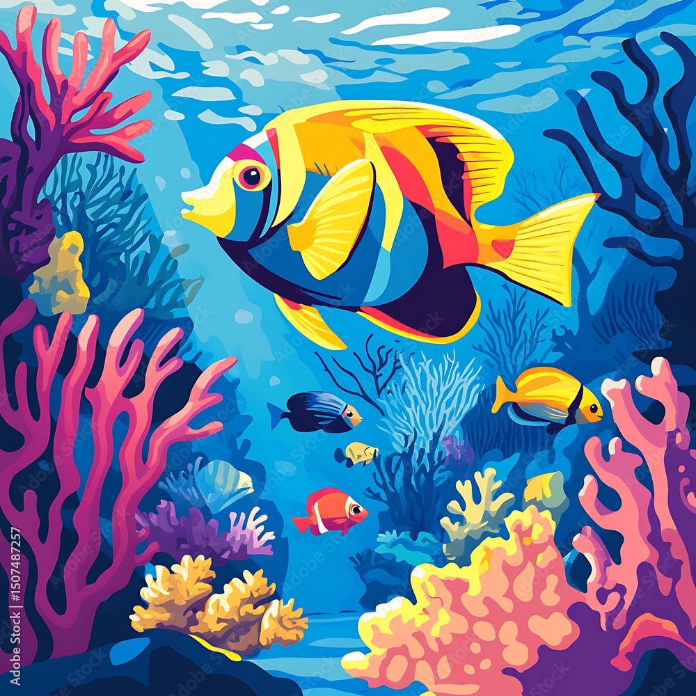 Naklejka premium Colorful underwater scene with vibrant fish and coral.