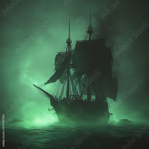A ghostly ship sails through a vibrant, greenish mist.