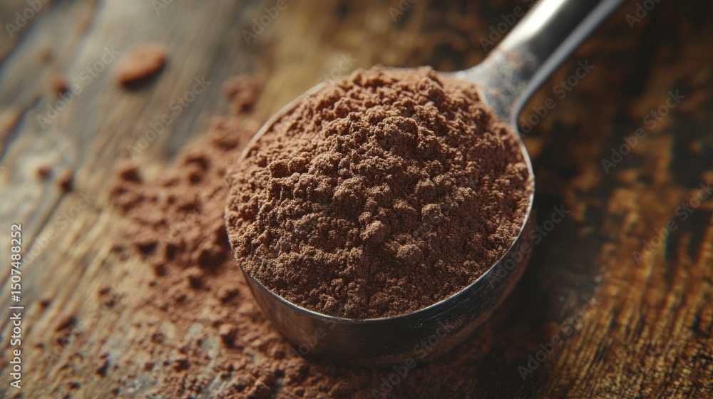 Scoop of Chocolate Whey Protein on Wooden Surface Scoop of Chocolate Whey Protein on Wooden Surface