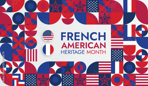 July is French American Heritage Month background template with USA and French flag and geometrics shapes 
