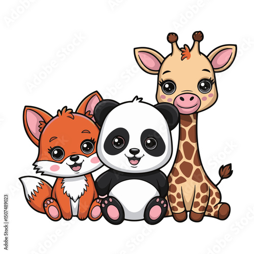 A cute cartoon puppy and happy baby fox, isolated as vector art, smile in this funny animal illustration