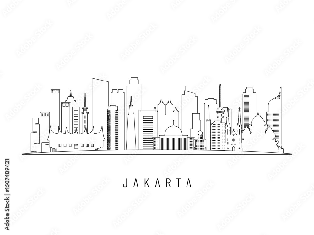 Obraz premium Detailed Jakarta skyline vector illustration. Jakarta buildings in line art style, perfect for modern designs.