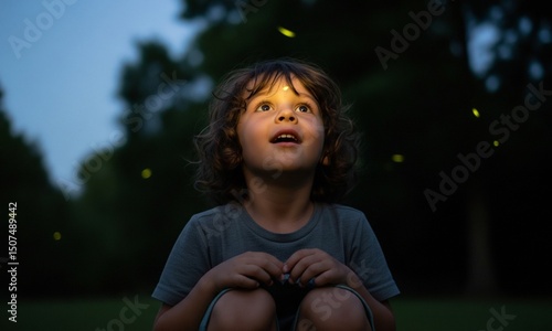 Young Child with Curly Hair Looking Up in Genuine Awe and Excitement at Twinkling Fireflies in a Park at Dusk; Magical Childhood Wonder, Summer Nights, and Connection with Nature