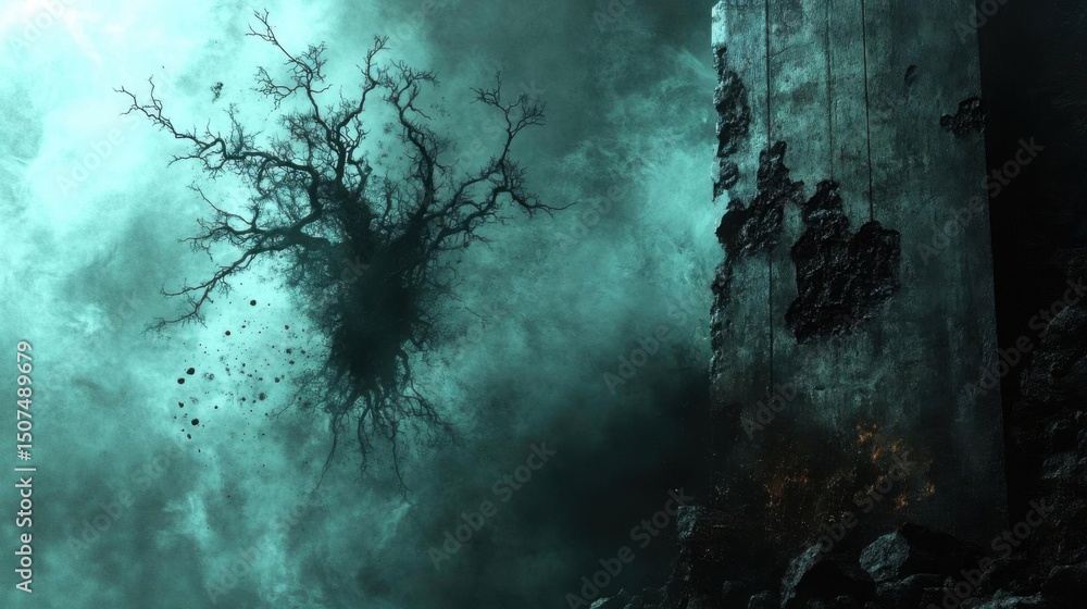 Fototapeta premium Mystic Tree, Ruins, Fog, Dark Fantasy