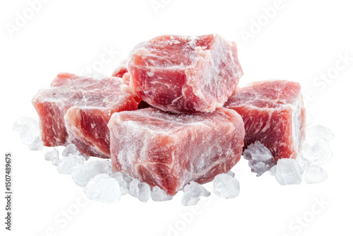 Frozen meat cubes isolated on transparent background