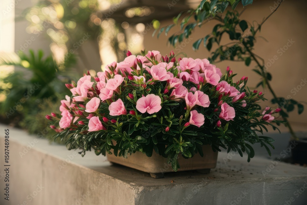 Pink flowers in a stone planter outdoors Pink flowers in a stone planter outdoors