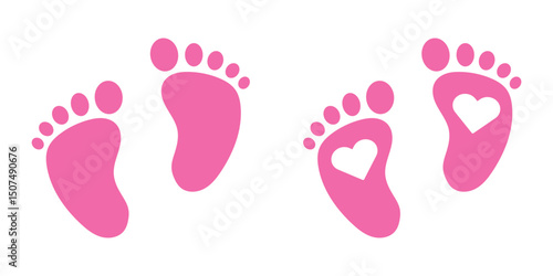 Baby footprint in the heart.Vector stock illustration for poster. Symbol of pregnancy or childbirth.White baby footprints in black heart.Baby footprints inside of  heart. Pink and Blue Baby Footprint.