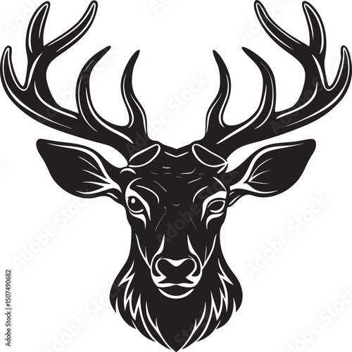 A striking vector illustration of a wild deer stag head silhouette with majestic antlers, perfect for nature or hunting designs