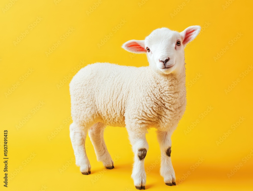 a fluffy cute clean white lamb on plain background, digital photography on yellow background a fluffy cute clean white lamb on plain background, digital photography on yellow background