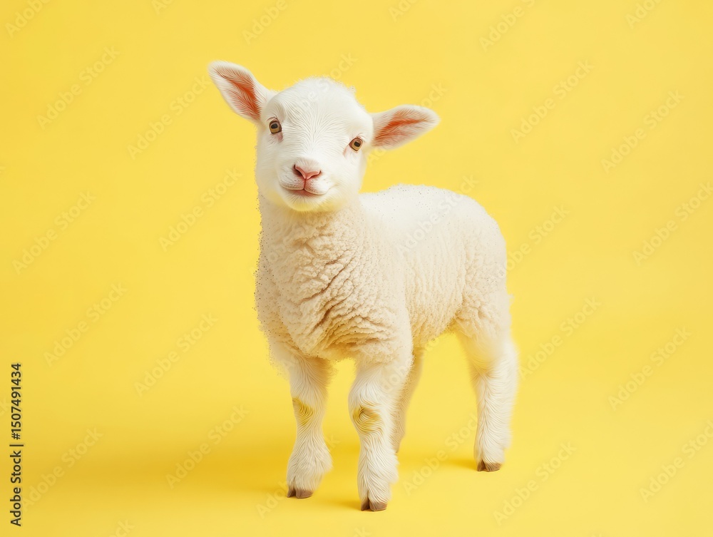 a fluffy cute clean white lamb on plain background, digital photography on yellow background a fluffy cute clean white lamb on plain background, digital photography on yellow background