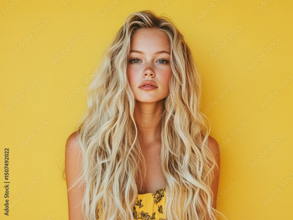 © faiz - beautiful blonde girl with lush long hair on yellow background - © faiz - beautiful blonde girl with lush long hair on yellow background -