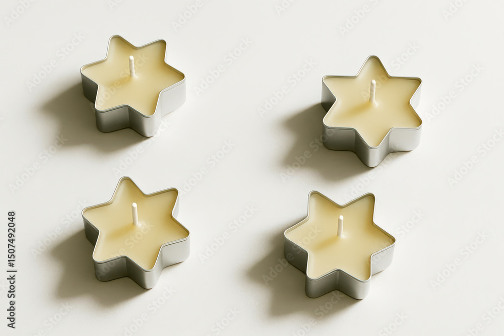 Fototapeta premium Star-shaped candles arranged on a white surface 