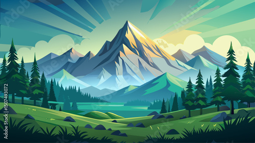 Serene mountain landscape where sun rays gently illuminate the lush green forest, with majestic peaks rising in the background, evoking a peaceful and immersive nature experience.