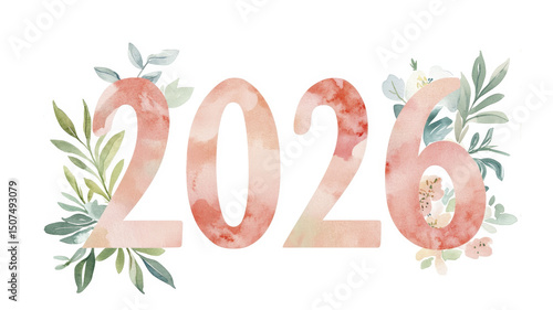 Watercolor 2026 typography with floral accents in soft pastel tones