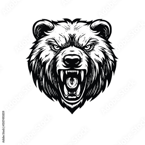 Vector art of Ferocious bear head roaring isolated on white background in black and white illustration