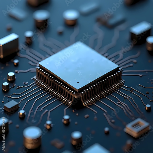 Wallpaper Mural Close-up of microchip on Blue circuit board – High-tech electronics background Torontodigital.ca