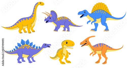 Collection of colorful dinosaurs on white background.