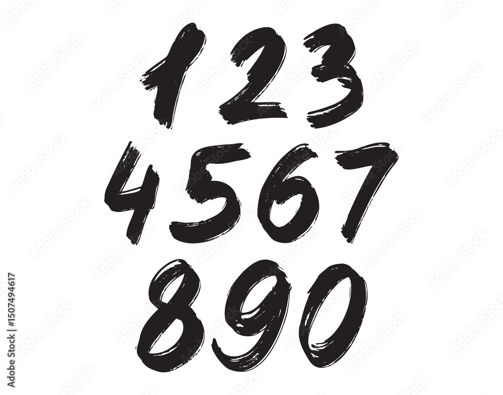calligraphic acrylic, brush or ink numbers set. 1, 2, 3 for your design, grunge lettering on a black background