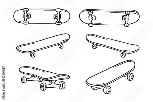 skateboards doodle hand drawn icon set. Outline drawing skateboard line clipart symbol collection of skateboarding 