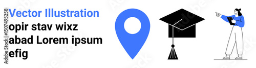 Blue location pin, graduation cap with tassel, person holding laptop and gesturing. Ideal for education, navigation, learning, technology, guidance, academic success simple landing page