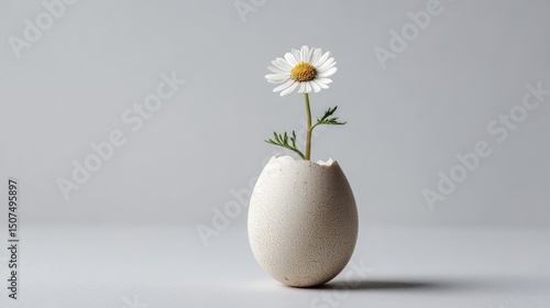 Fresh daisy flower growing in cracked eggshell as minimal eco concept for spring and natural decoration lover