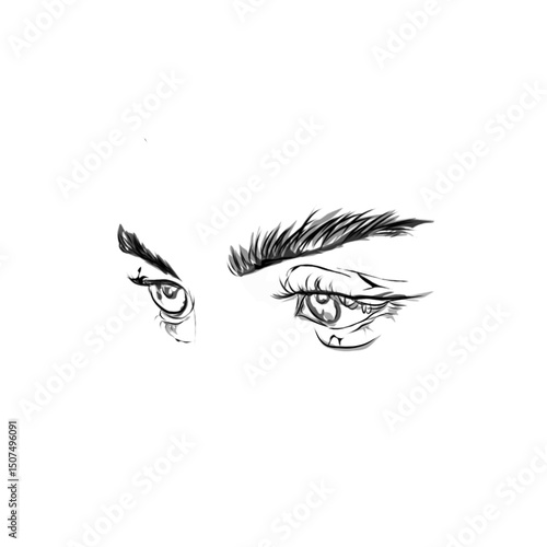 close up sketch of human eye and eyebrow on white background