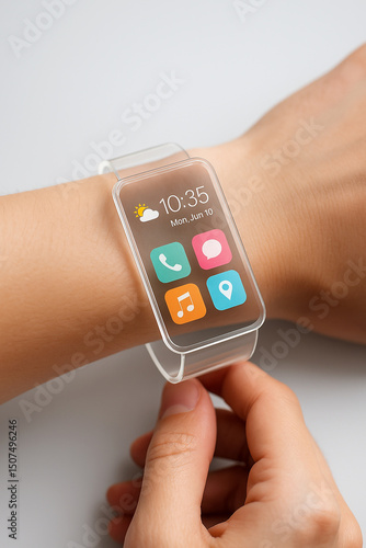 Wallpaper Mural Close-up of a futuristic transparent smartwatch on a person's wrist. The wearable device features a clear, minimalist design with colorful app icons on the screen, including weather, phone, messages,  Torontodigital.ca