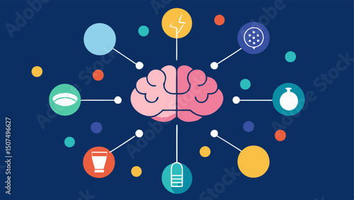 Mind Map An expansive mind map filled with concepts and ideas with pills tered around representing how cognitive enhancement pills can expand thought processes.