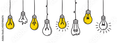 Doodle light bulb lamp icon set. outline yellow light bulb with wire are hanging hand drawn set. different glass incandescent lamps. cartoon light bulbs hanging.