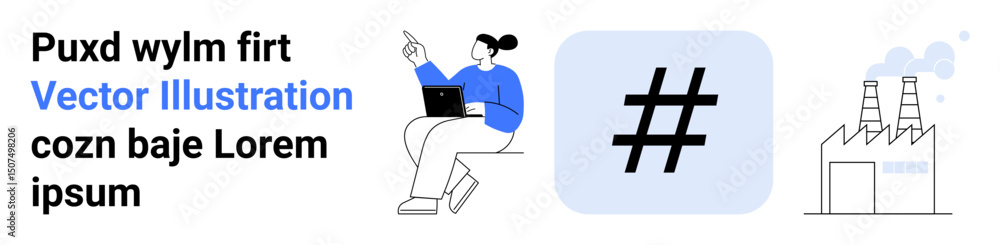 Obraz premium Person with laptop pointing upward, large metadata tag icon, smoke-emitting factory. Ideal for technology, industry, social media, environmental impact, innovation, energy simple landing page