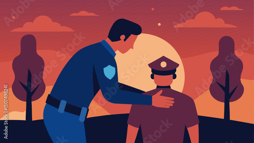 Dusk Scene A color illustration of a police officer and a suspect illuminated by a sunset capturing the moment of making the arrest.