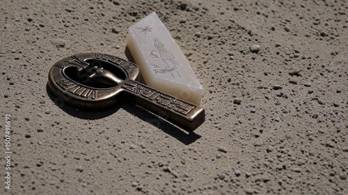 Ancient Egyptian ankh and engraved stone shard lying on textured sand under direct sunlight