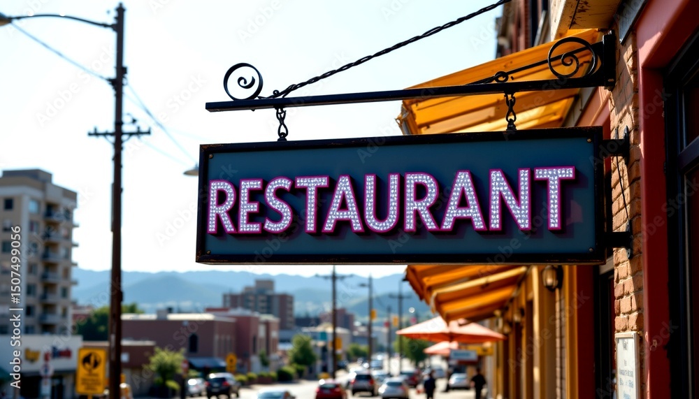 Obraz premium a vibrant city street scene with a restaurant sign prominently displayed