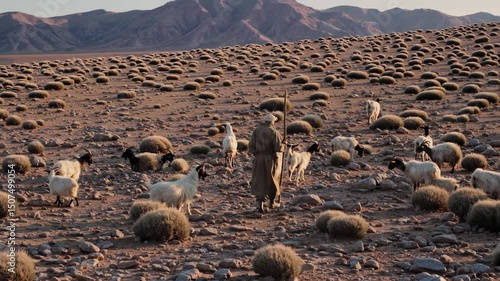Shepherd with staff tending flock of goats in arid rocky desert landscape with distant mountains