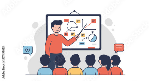 Teacher explaining concepts on a presentation board to students  