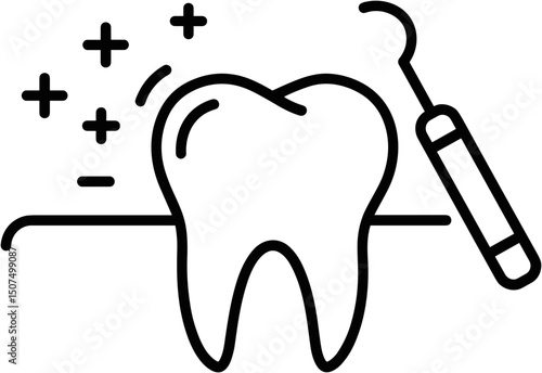 Dental care illustration with a tooth and dental tools in outline style  