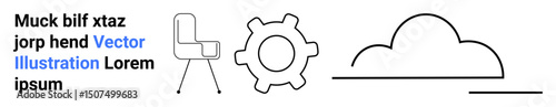 Stylish chair, gear, and cloud outline elements symbolizing comfort, mechanics, and cloud computing. Ideal for technology, productivity, workplace, innovation creativity process visualization
