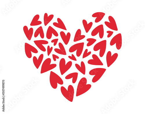 Red heart flat valentine love sign. Trendy heart doodle hand drawn icon. A heart of many little hearts clipart symbol