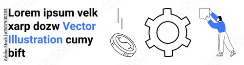 Person lifts data chart next to gear and coin symbolizing teamwork, strategy, development, and financial goals. Ideal for workflow, analytics, productivity, fintech, innovation investment simple