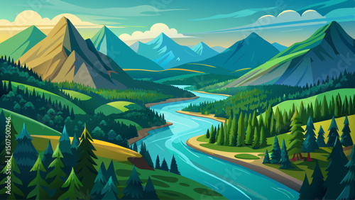 An aerial view reveals a serene river gracefully meandering through lush green forests, surrounded by majestic mountains and untouched natural beauty, capturing the essence of remote wilderness tranqu