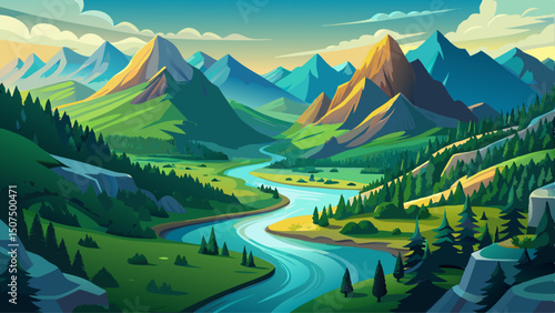 An aerial view reveals a serene river gracefully meandering through lush green forests, surrounded by majestic mountains and untouched natural beauty, capturing the essence of remote wilderness tranqu