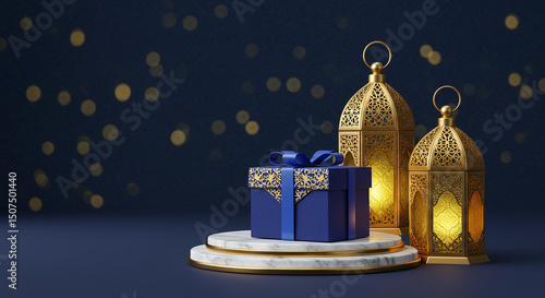 Eid Gift, Lanterns, and Bokeh Lights on Dark Blue